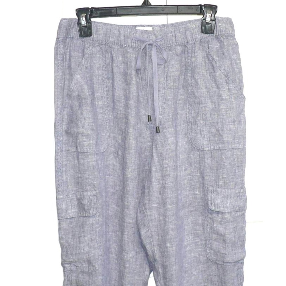 Nicole Miller Women's Linen Elastic Drawstring Waist Cargo Jogger Pants Blue Med - Picture 3 of 7